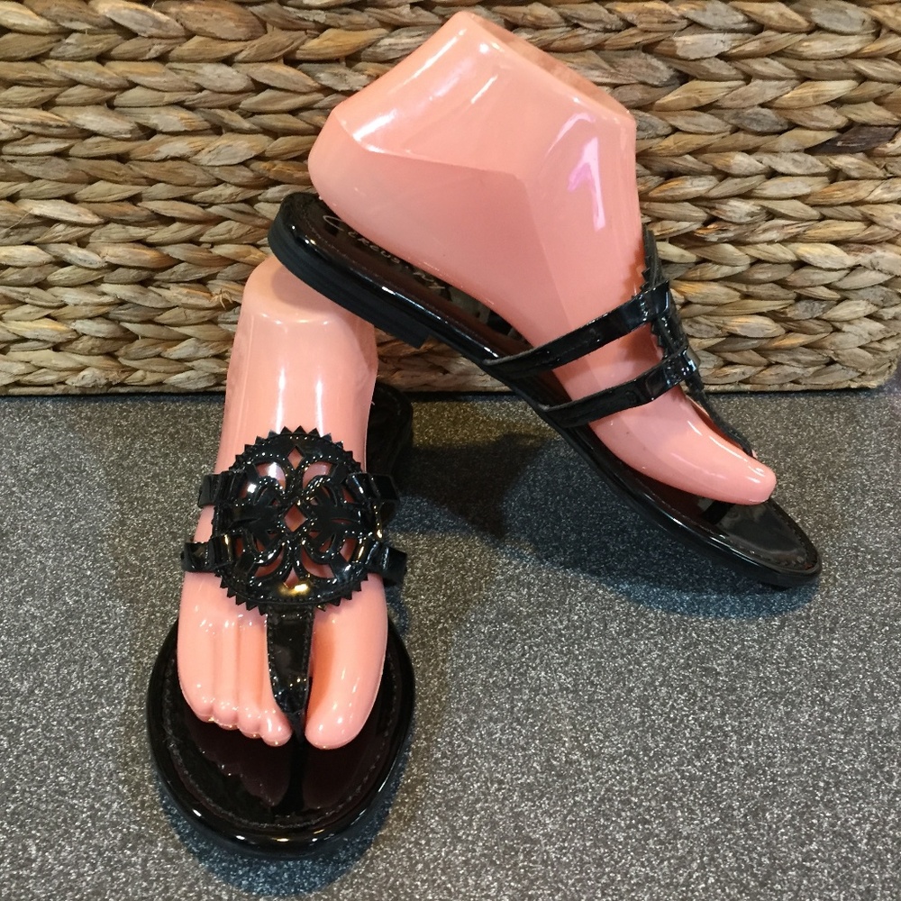 Circus Ny “Canyon” Black Patent Sandals with Medallion Detail